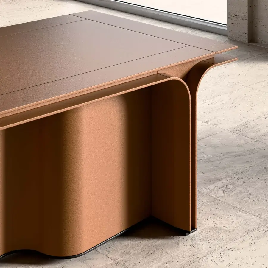 Distinguished Mascheroni Jazz Ray desk crafted in Italy with natural leather, solid wood, laminated wood, and a matte finish