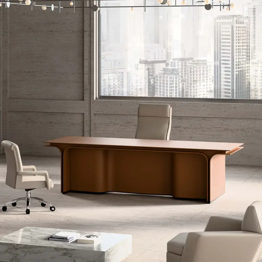 Exceptional Mascheroni Jazz Ray desk crafted in Italy with sumptuous natural leather, laminated wood and a warm reddish-brown finish