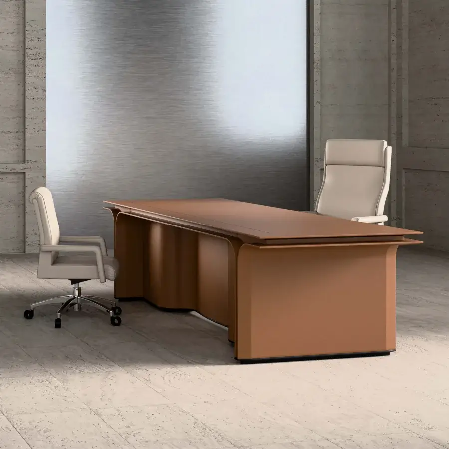 Superior Mascheroni Jazz Ray desk built in Italy with terracotta molded surface and natural leather upholstery