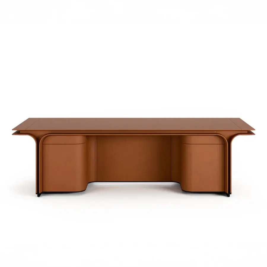 Elegant Mascheroni Jazz Ray desk crafted in Italy with warm brown laminated wood, leather upholstery and a satin finish
