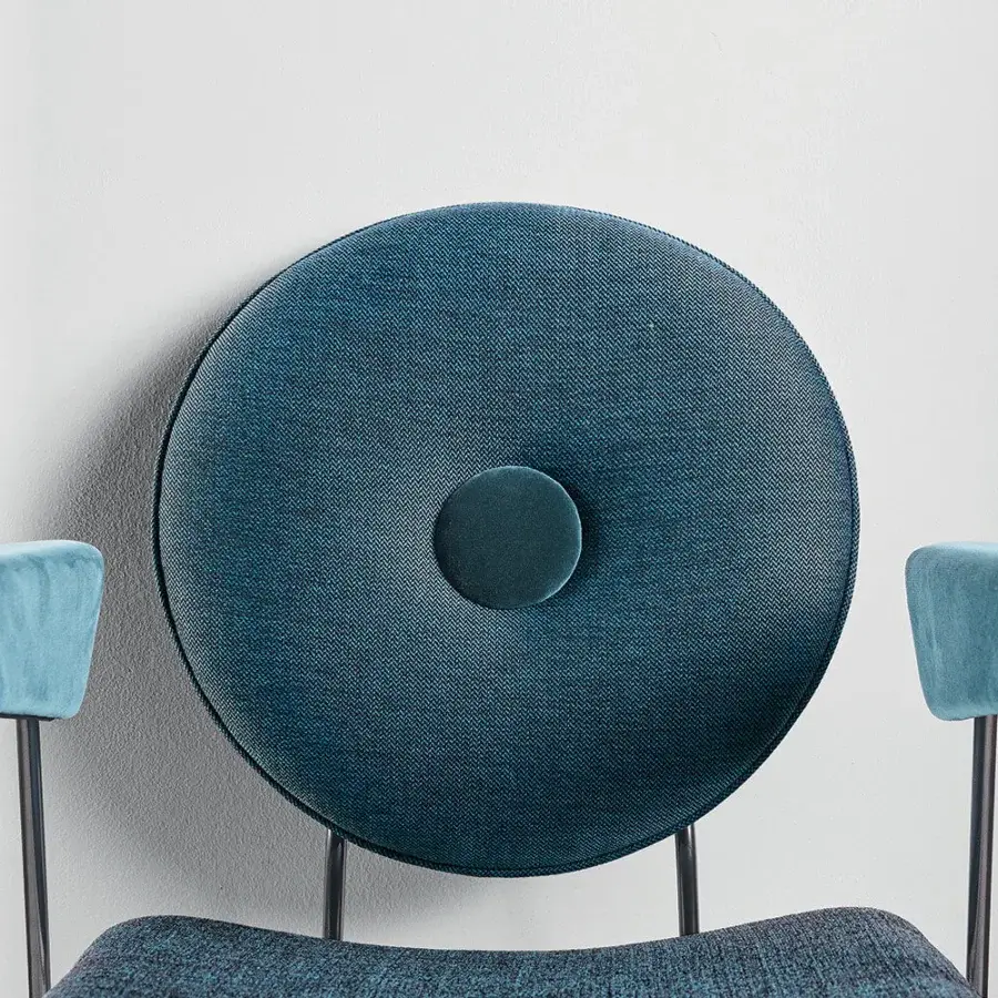 Distinguished Bontempi Penelope chair with uniquely rounded silhouette in deep teal woven fabric and satin metal frame