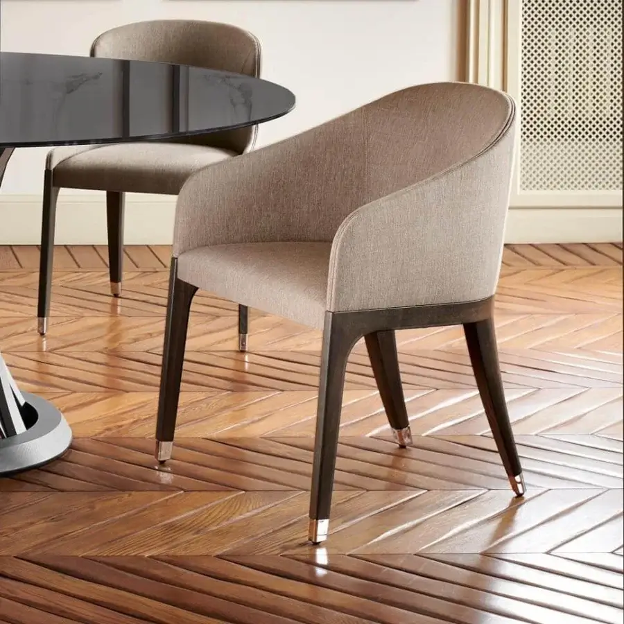 Distinguished Potocco Miura chair with softly curved textile upholstery and dark tapered beech wood legs finished with metal caps