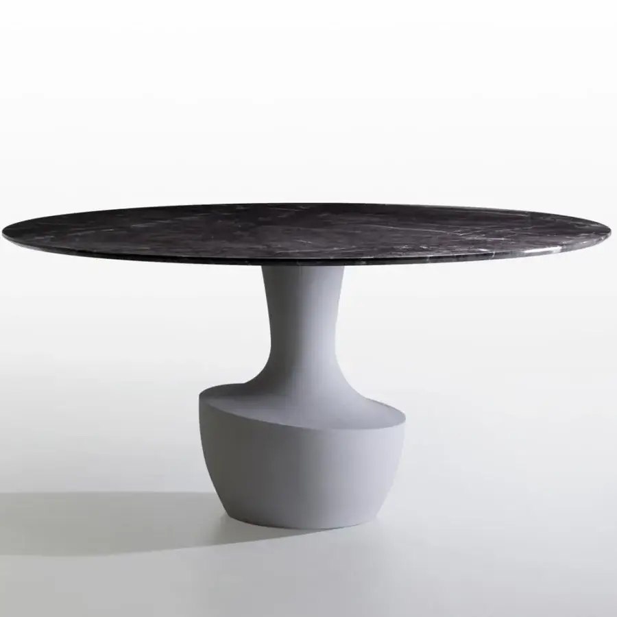 Elegant Potocco Anfora table with swirling patterns across a dark Canaletto walnut top and light gray sculptural base