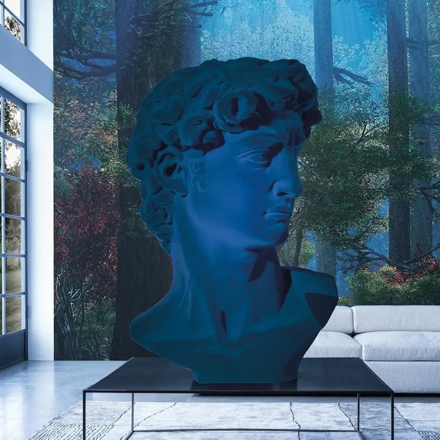 Distinguished Adriani e Rossi David sculpture crafted in ceramic powders with deep teal blue velvet and satin finish