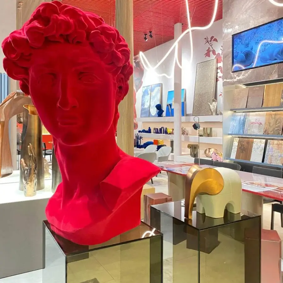 Distinguished Adriani e Rossi David sculpture crafted in ceramic powders with a plush red velvet finish