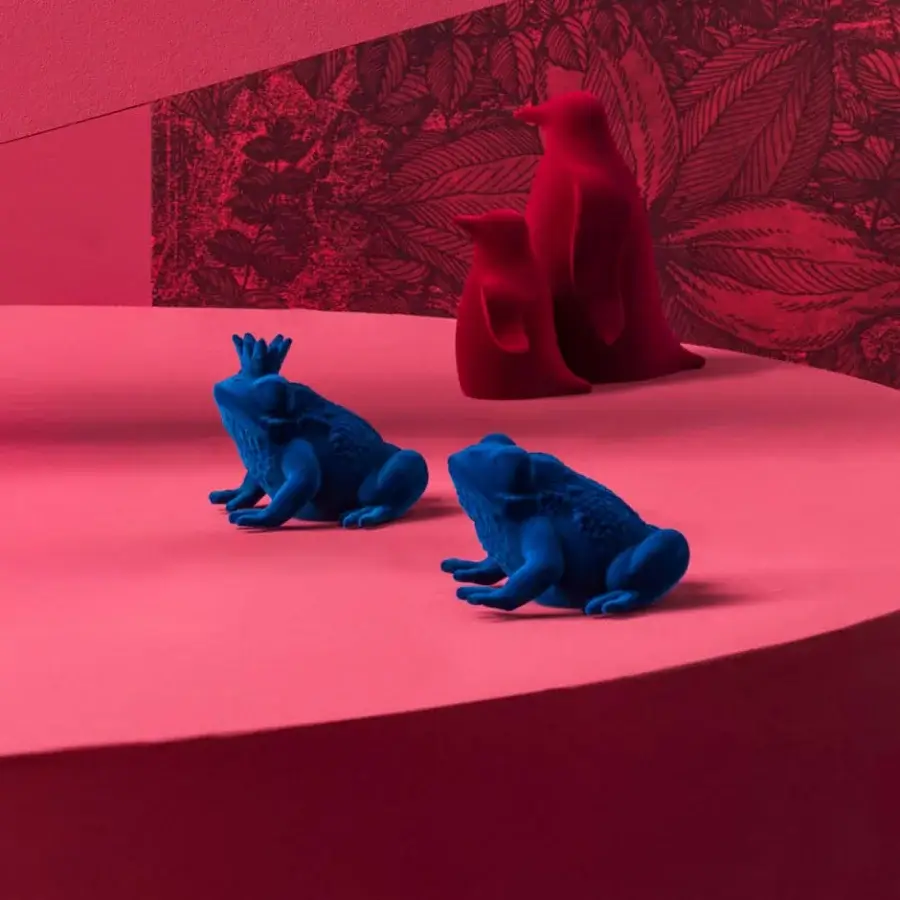 Distinguished Adriani e Rossi Prince & Queen sculpture pair with petrol blue velvet and smooth matte ceramic forms