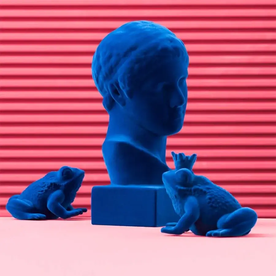 Exceptional Adriani e Rossi Prince & Queen sculpture pair with ceramic frogs and a bust in petrol blue with a matte finish
