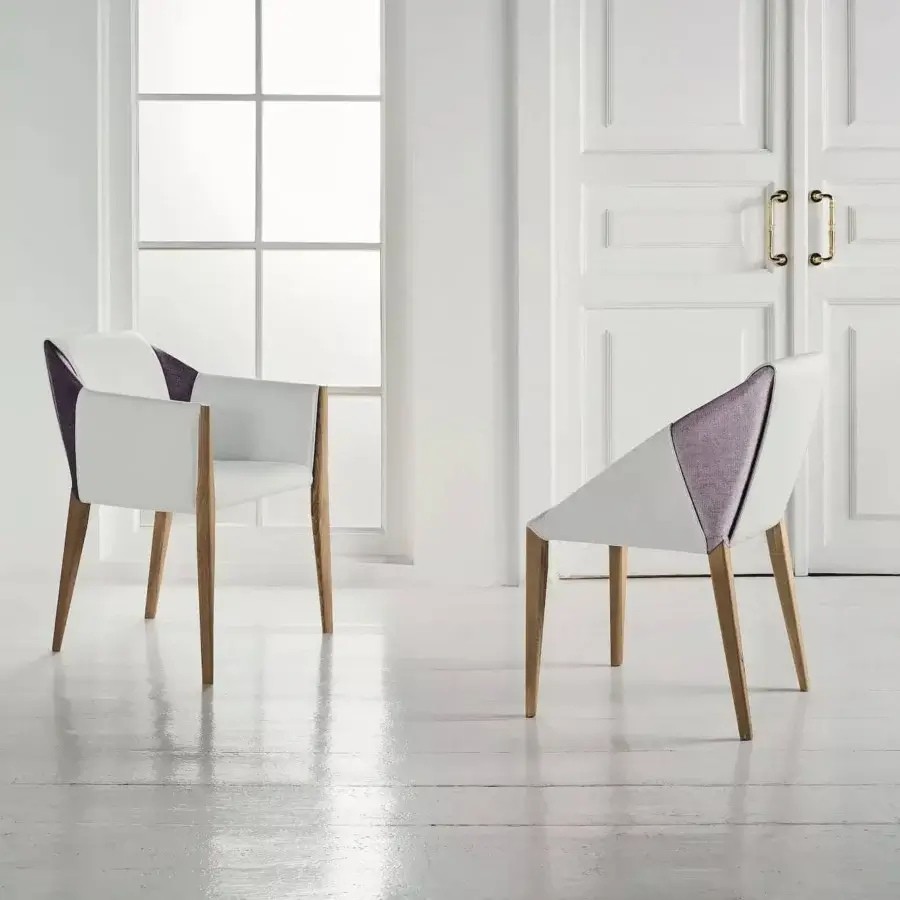 Distinguished Bontempi Sveva chair with white molded shell, muted purple textured upholstery and refined light wood legs