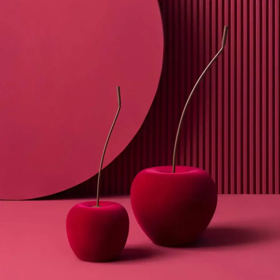 Elegant Adriani e Rossi Cherry Velvet Sculpture depicts oversized cherries in sumptuous ruby velvet with a smooth matte finish