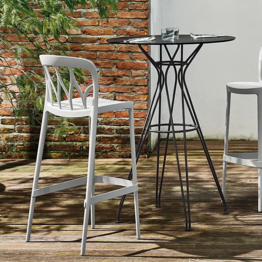 Elegant Bontempi Galaxy stool with white molded synthetic material and dynamic slatted backrest in a matte finish