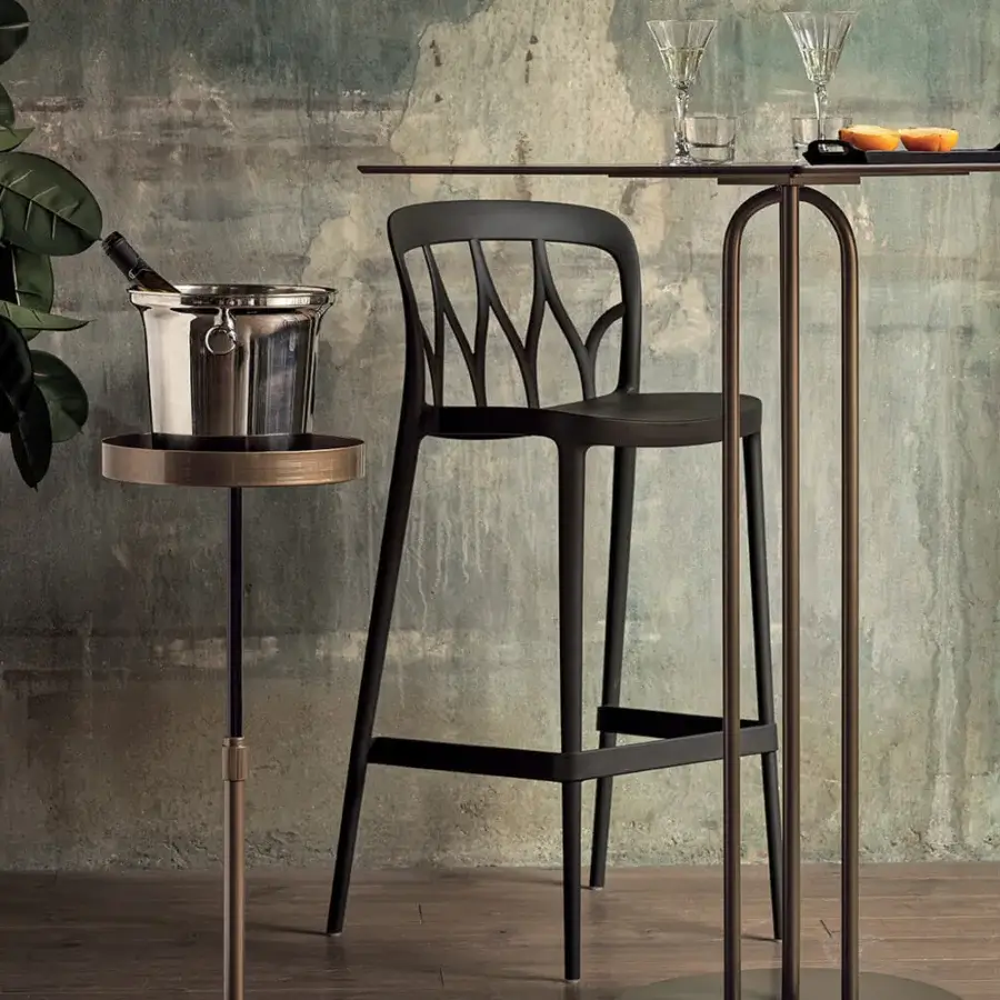 Superior Bontempi Galaxy stool in dark gray synthetic material with a uniquely slotted backrest and matte finish