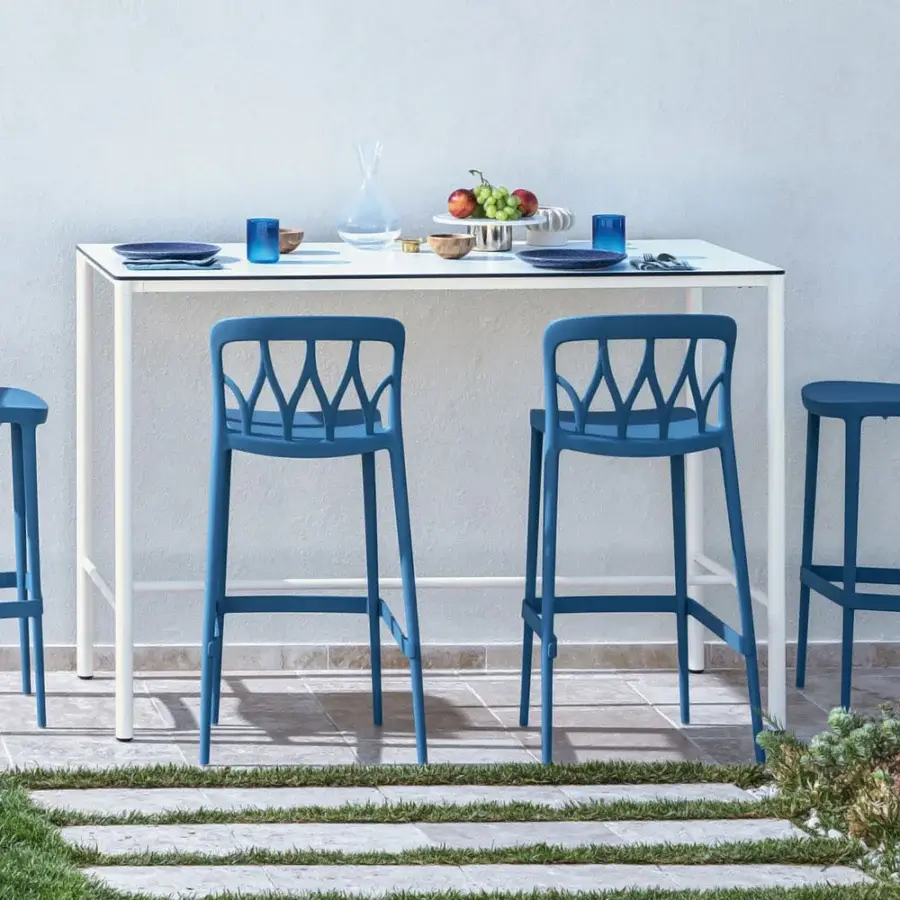 Exceptional Bontempi Galaxy stool in blue synthetic material with a patterned backrest and matte finish