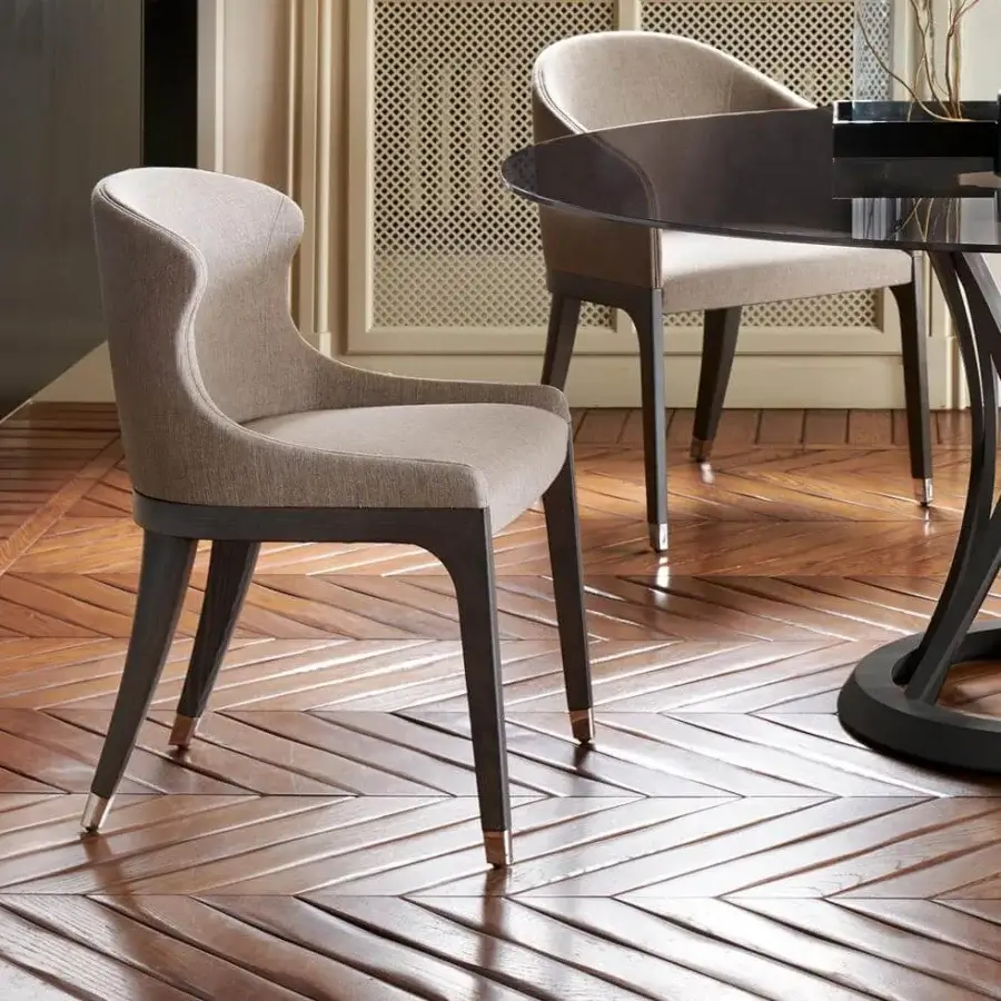 Refined Potocco Miura chair with sinuous curves and muted tan textile upholstery crafted with a solid beech wood structure