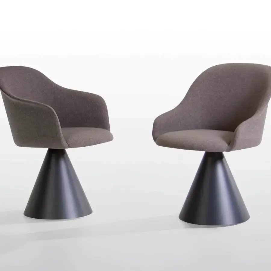 Distinguished Potocco Lyz chair fully upholstered in matte gray textile with a sleek swivel cone base crafted from a dark material