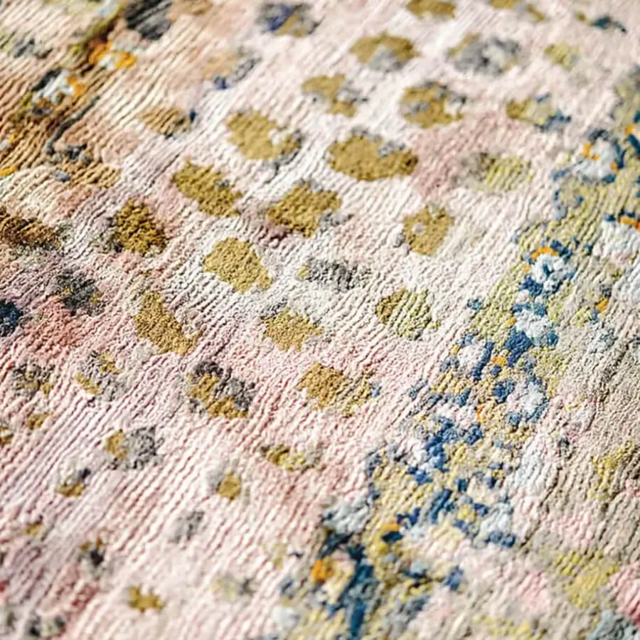 Distinguished Amini Flora rug hand-knotted from pure silk with painterly blends of pink, gold, blue, green, and gray tones, finished with carving
