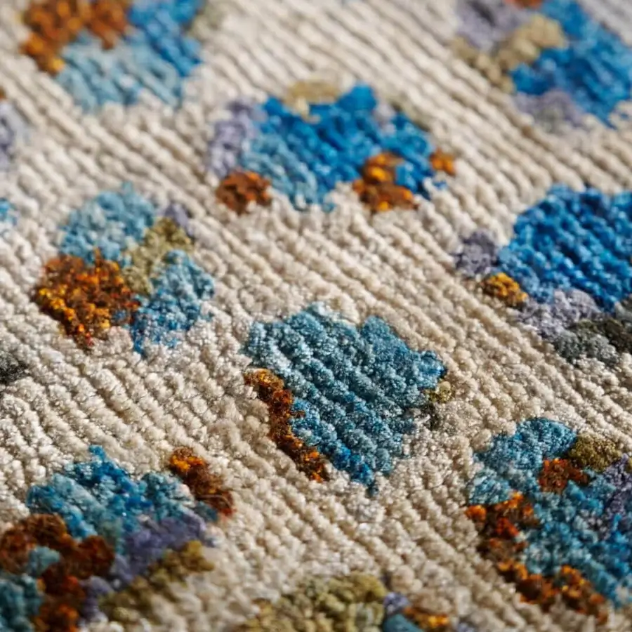 Exceptional Amini Flora rug hand-knotted from pure silk in azure, lavender, orange, and olive hues against beige with meticulous carving