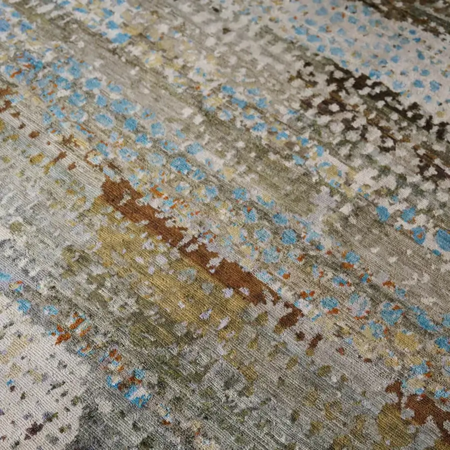 Distinguished Amini Flora rug hand-knotted in pure silk with muted gray, olive green and faded blue abstract design and meticulous finish