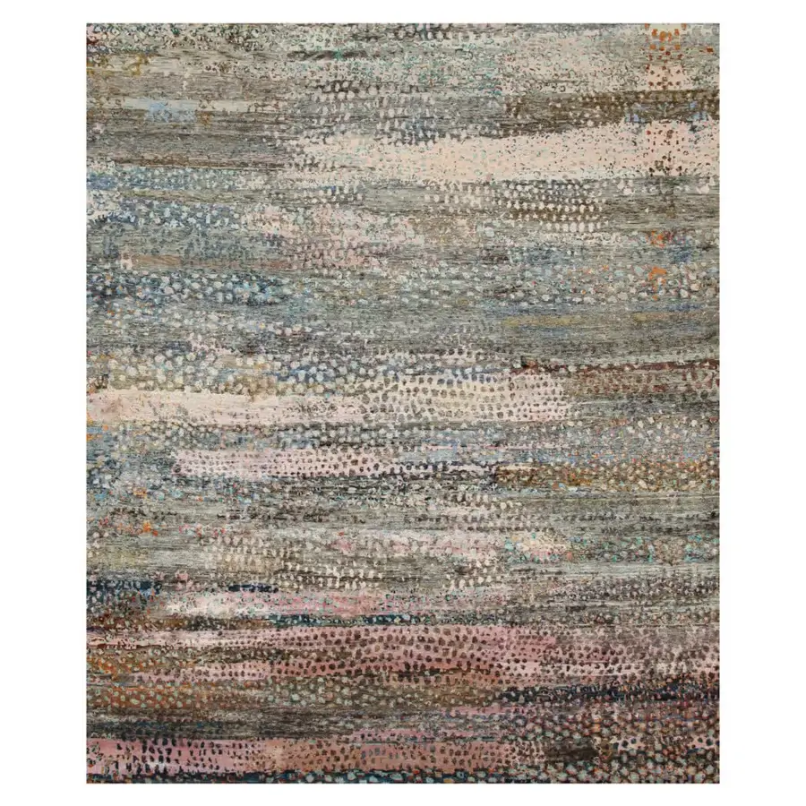 Exceptional Amini Flora rug hand-knotted in Nepal with muted gray, blue, pink, and beige pure silk and hand-washed carving