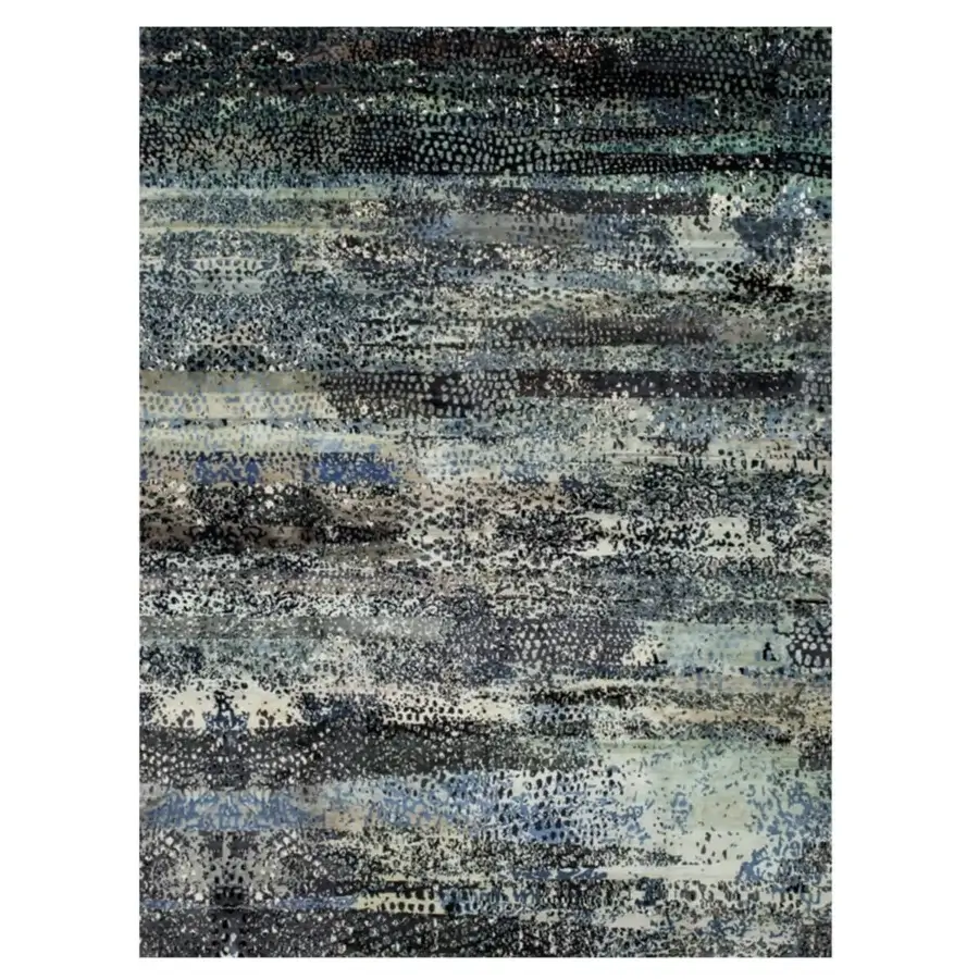 Distinguished Amini Flora rug hand-knotted in Nepal with layered bands of cool blues and grays pure silk