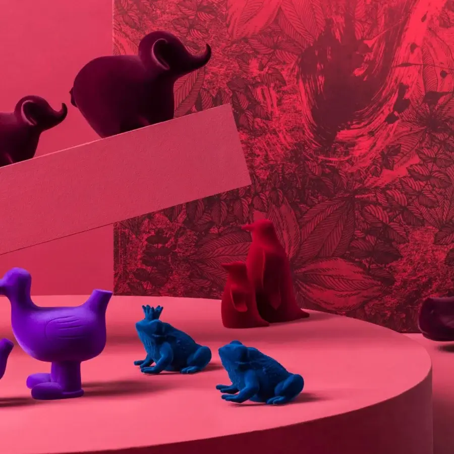 Lavish Adriani e Rossi Arturo sculpture set with purple velvet enveloping ceramic forms and a smooth matte finish