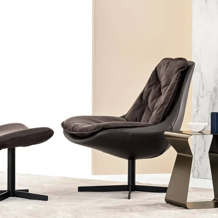Distinguished Bontempi Daya swivel lounge chair in dark brown textile with a matte finish and flared metal base