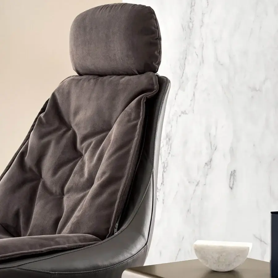 Exceptional Bontempi Daya swivel lounge chair in textured matte textile with a dark-toned metal frame