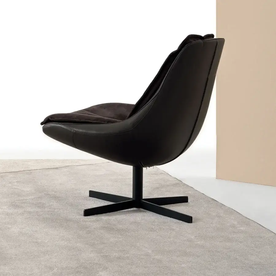Lavish Bontempi Daya swivel lounge chair in dark textured leather with a matte dark metal base
