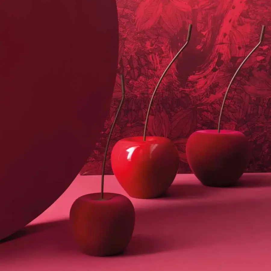 Distinguished Adriani e Rossi Cherry Velvet Sculpture crafted in ceramic with sumptuous ruby-colored velvet and glossy finish