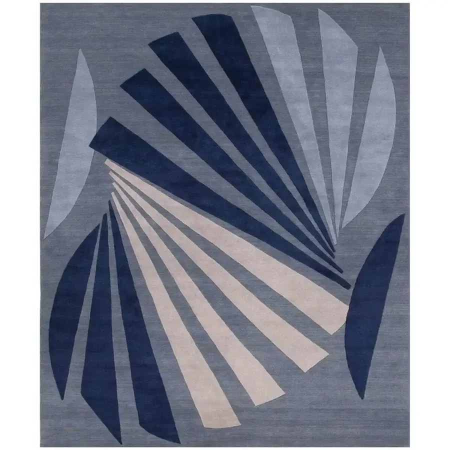 Distinguished Amini Ventaglio rug showcases swirling patterns in gray-blue hues with wool and natural silk, crafted with a hand-washed texture
