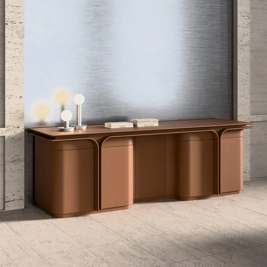 Distinguished Mascheroni Jazz Duke sideboard built with supple leather and solid wood in reddish-brown tones with a satin finish