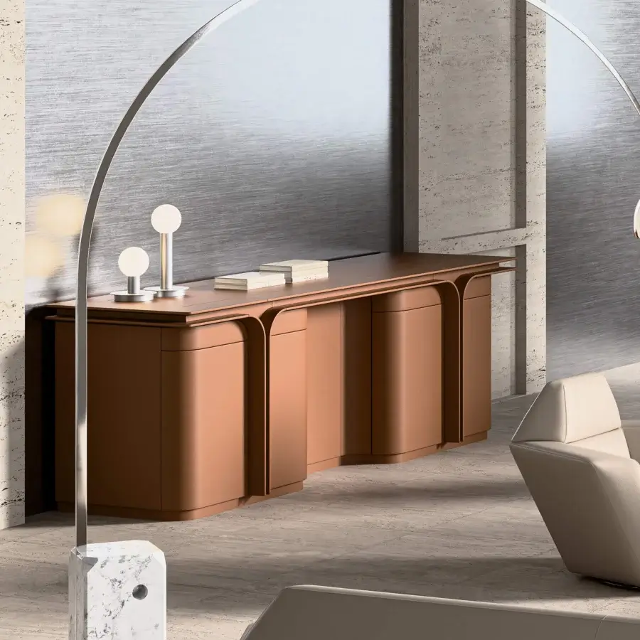 Superior Mascheroni Jazz Duke sideboard crafted with supple reddish-brown leather and solid wood in a smooth matte finish