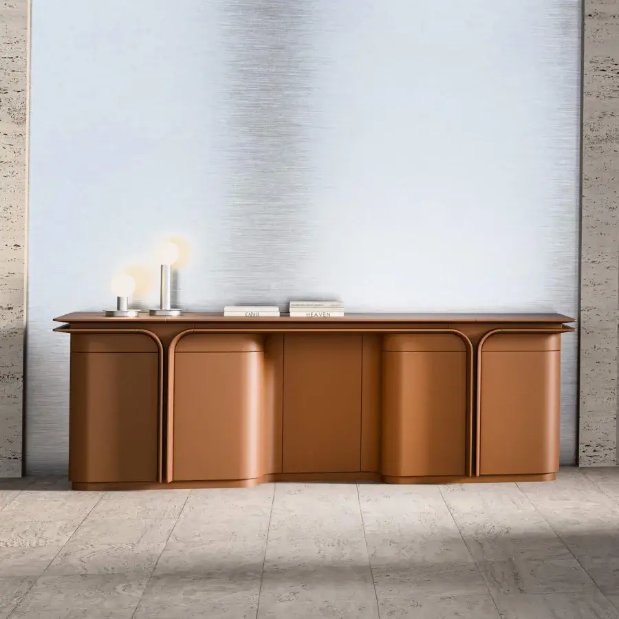 Distinctive Mascheroni Jazz Duke sideboard built with reddish-brown leather and solid wood, showcasing recessed panels with carved containers