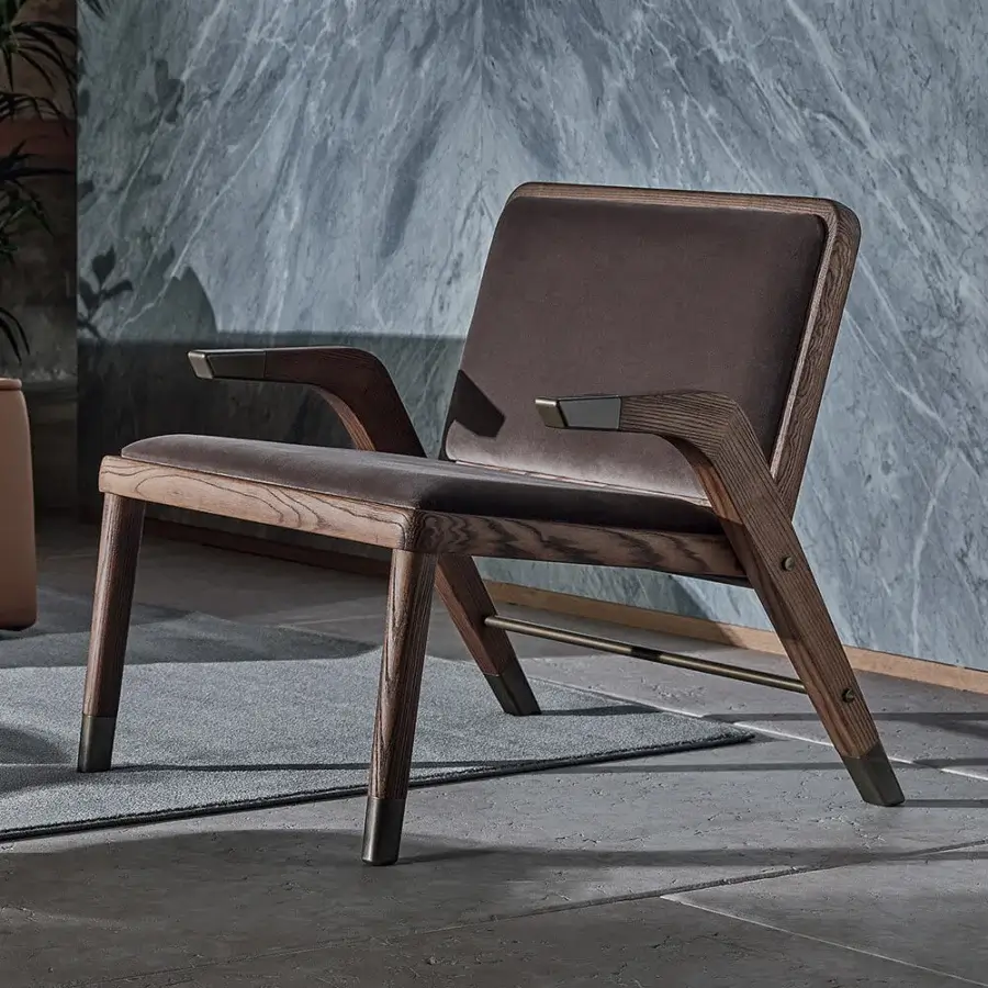 Distinctive Bontempi Lady Lounge chair crafted in dark brown with visible wood grain and satin finish upholstery