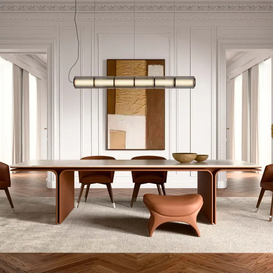 Superior Mascheroni Jazz Louis table with a Travertine top and reddish-brown Mascheroni leather upholstery