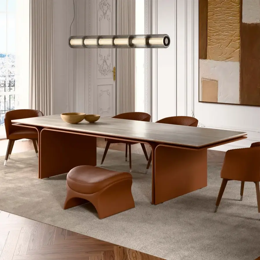 Elegant Mascheroni Jazz Louis table crafted in Travertine with a reddish-brown wood base and premium Mascheroni leather upholstery
