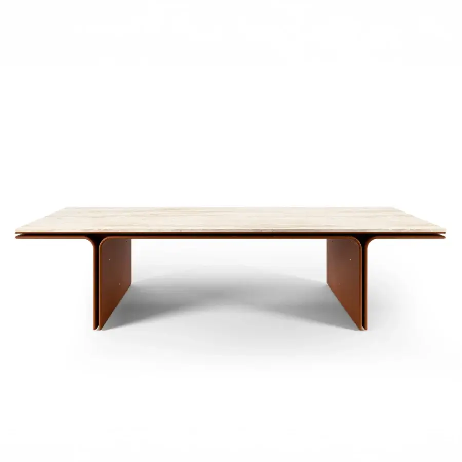 Superior Mascheroni Jazz Louis table with Travertine top and satin finished bent steel base built in hand-upholstered leather detailing