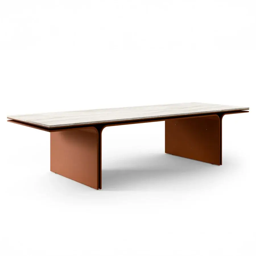 Exceptional Mascheroni Jazz Louis table with a Travertine top and reddish-brown steel base crafted in premium Mascheroni leather