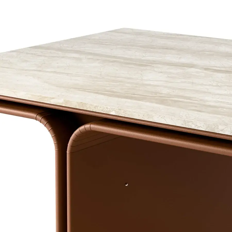 Lavish Mascheroni Jazz Louis table crafted with a Travertine top and reddish-brown upholstered Mascheroni leather frame