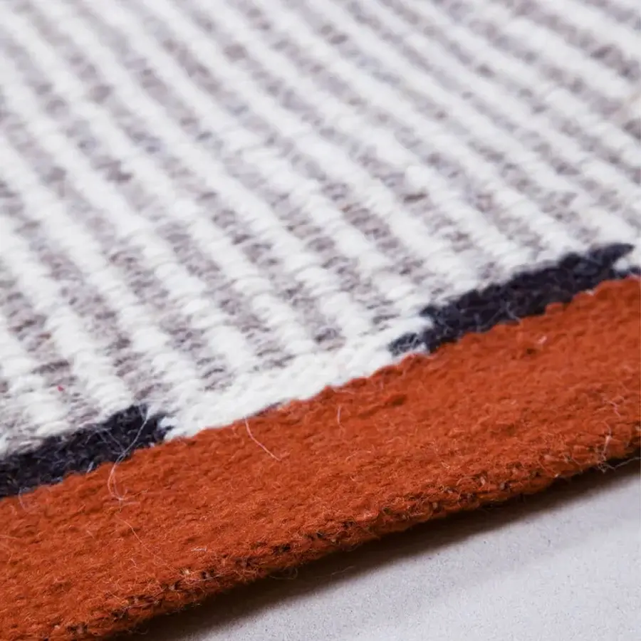 Lavish Amini Khilim rug hand-woven in India from pure wool with geometric bands and hand-washed carved texture