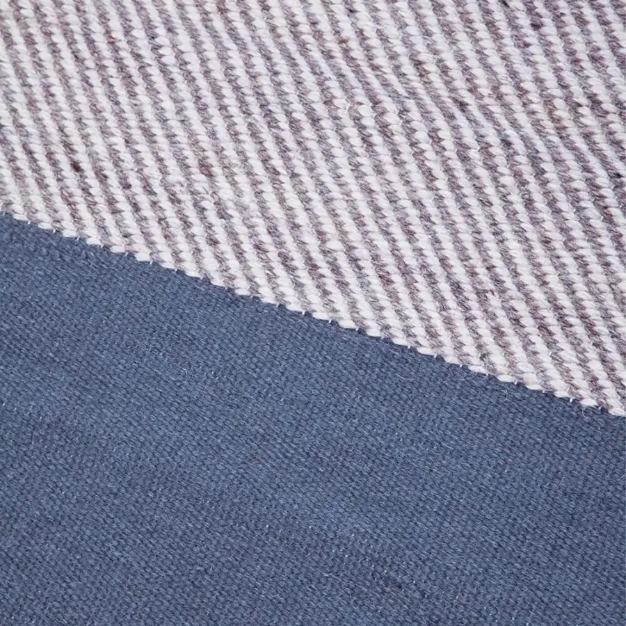 Distinguished Amini Khilim rug hand-woven in India from pure wool with vertical stripes in off-white and burgundy against a blue field with a carved finish