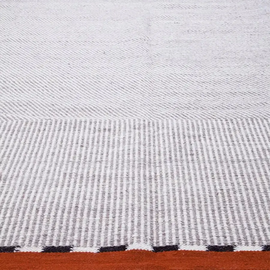 Lavish Amini Khilim rug hand-woven in India from pure wool with geometric design and sun, water, black, rosewood tones