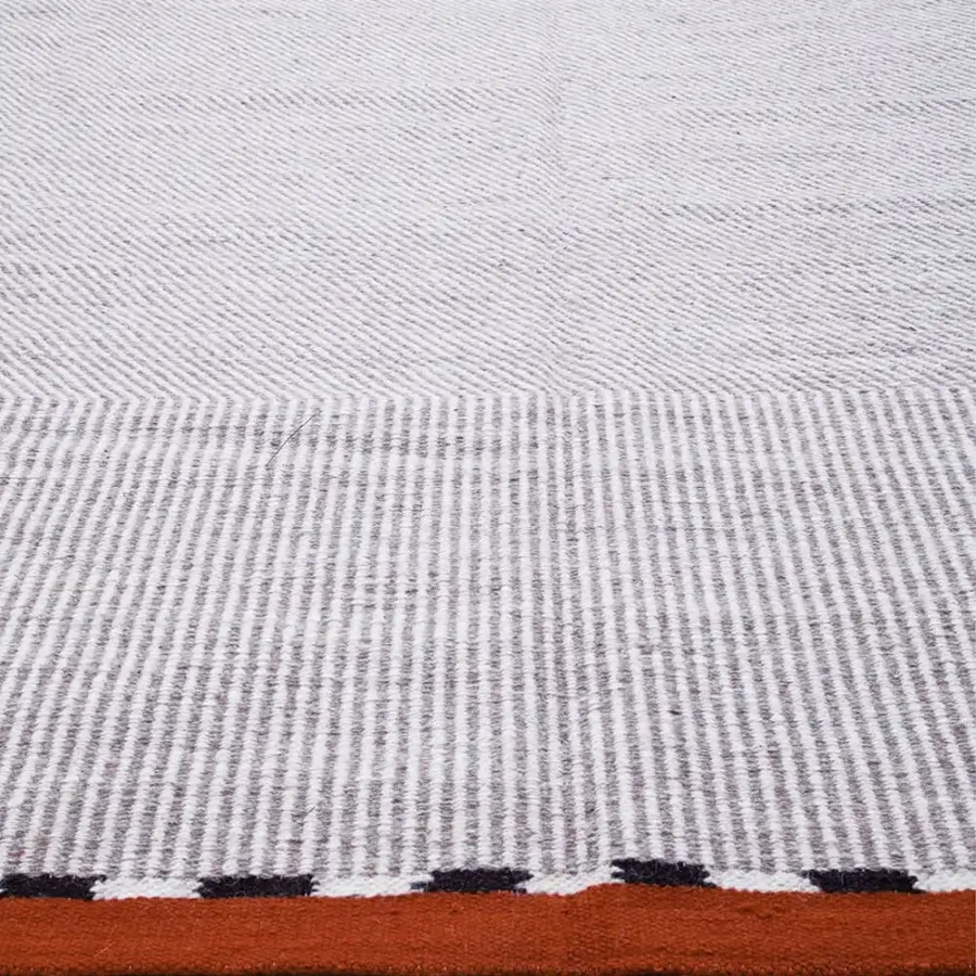 Superior Amini Khilim rug hand-woven in India from pure wool with geometric design and vibrant orange, brown, black tones