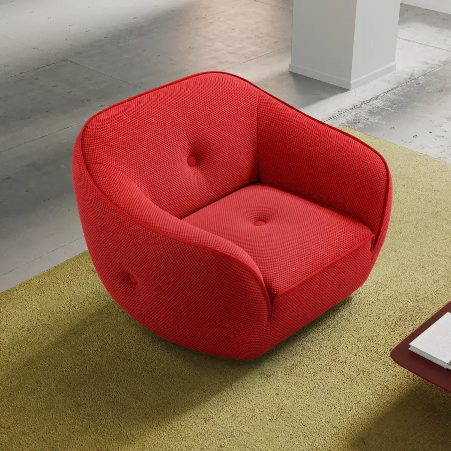 Innovative Egoitaliano Bebop lounge chair in vibrant red textured stretch fabric with Lycra details and wood frame construction