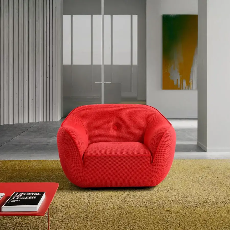 Exceptional Egoitaliano Bebop lounge chair in vibrant red bi-elastic textile with a rounded wood frame