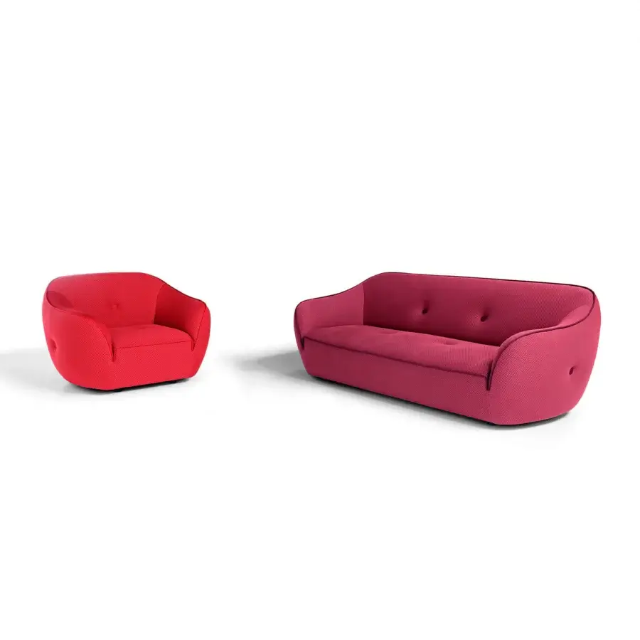 Exceptional Egoitaliano Bebop lounge chair in reddish-pink bi-elastic upholstery with Lycra details and subtle button-tufting