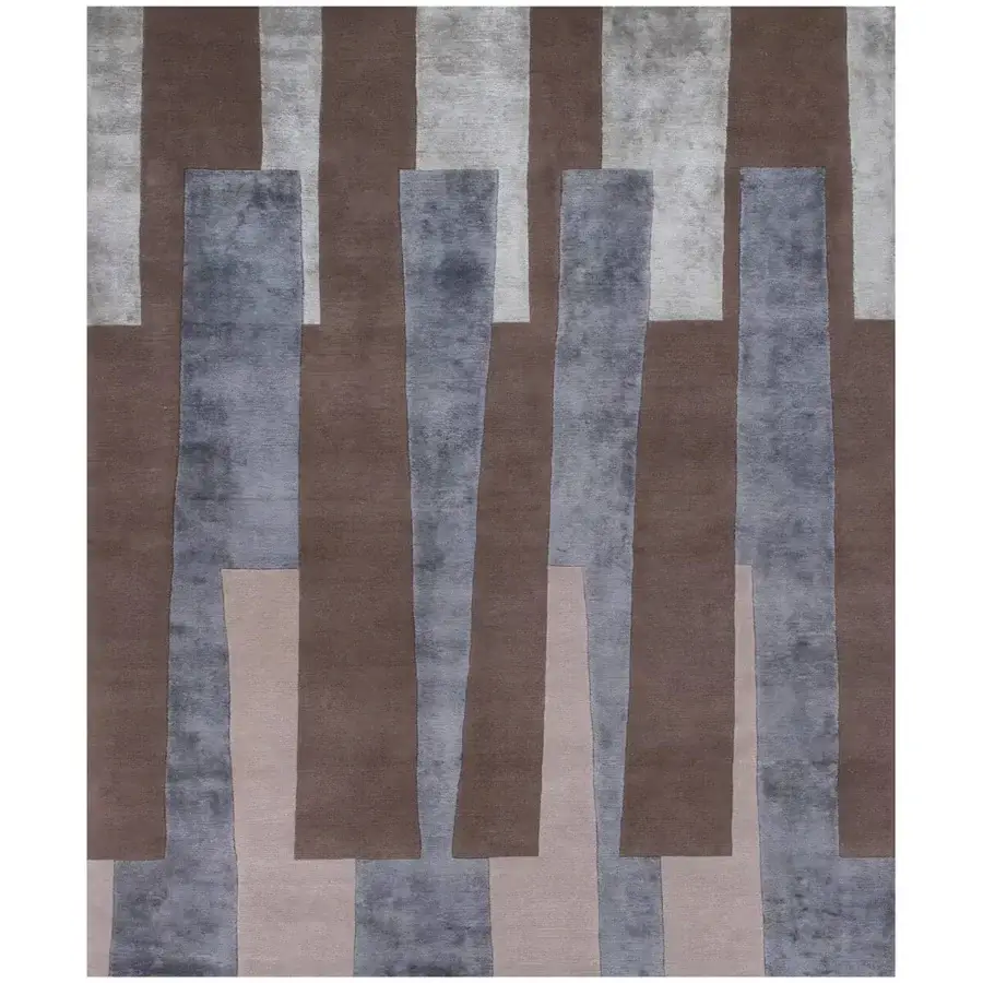 Exceptional Amini RD Gris rug with abstract geometric design hand-knotted in wool and tencel with a hand-washed carved texture