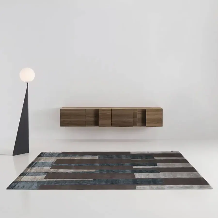 Superior Amini RD Gris rug with muted patchwork and hand-knotted wool-tencel blend offering a refined finish
