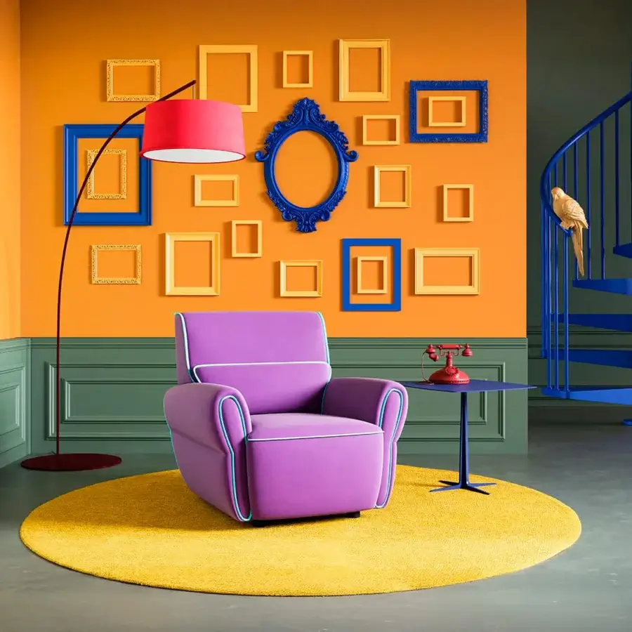 Distinguished Egoitaliano Mariù lounge chair with vibrant purple two-way stretch fabric upholstery and enveloping cushioning built with a wood frame