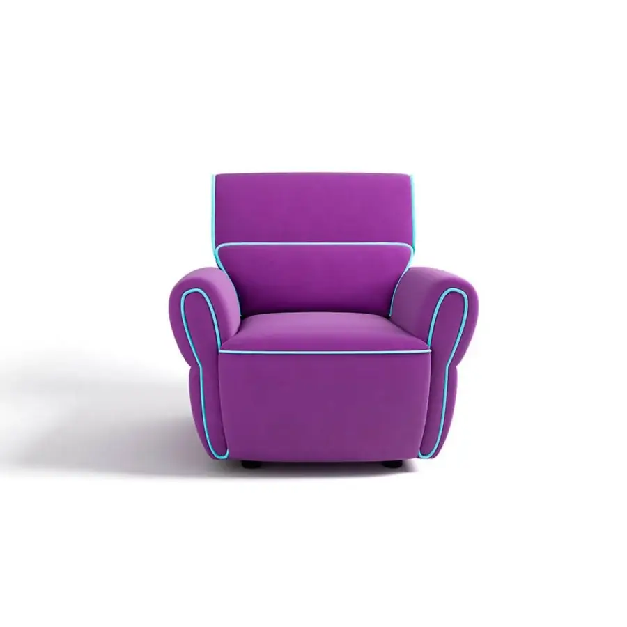 Exceptional Egoitaliano Mariù lounge chair in plush purple fabric with cyan edging and wood construction