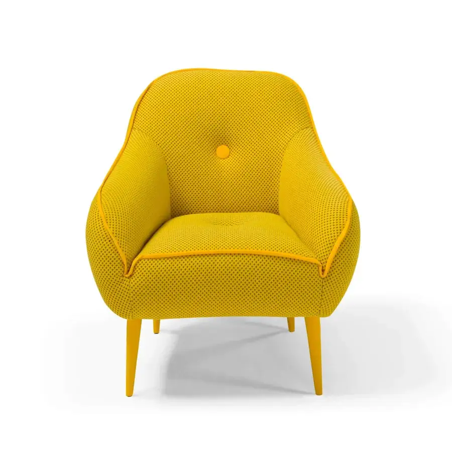Luxury Egoitaliano Bebop lounge chair upholstered in vibrant yellow stretch fabric with matte finish and single button detail